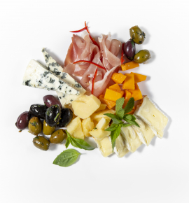 Cheese, dried ham and olive platter